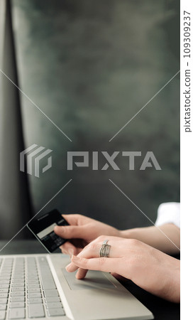 Graceful Online Shopping: Woman's Hands Hold Credit Card, Engaging in E-commerce with Laptop - Graceful Online Shopping: Woman's Hands Hold Credit Card, Engaging in E-commerce with Laptop - 109309237