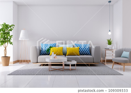 Luxurious Modern interior of living room, gray sofa on white flooring and white wall 109309333