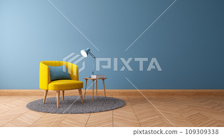 Vintage interior of living room,,Blueprint home decor concept , Yellow armchair with wood table on blue wall and wood floor  109309338