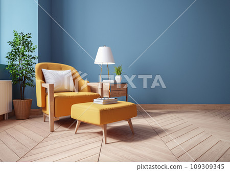Modern Vintage interior of living room,,Blueprint home decor concept ,yellow armchairs with wood table on blue wall and Hardwood Flooring ,3d render Modern Vintage interior of living room,,Blueprint home decor concept ,yellow armchairs with wood table on blue wall and Hardwood Flooring ,3d render 109309345