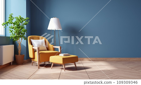 Modern Vintage interior of living room,,Blueprint home decor concept ,yellow armchairs with wood table on blue wall and Hardwood Flooring ,3d render Modern Vintage interior of living room,,Blueprint home decor concept ,yellow armchairs with wood table on blue wall and Hardwood Flooring ,3d render 109309346