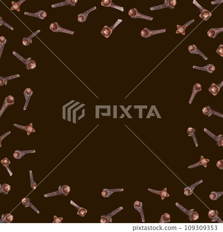 Dried cloves. Watercolor square frame. Buds, natural organic food. Winter hand drawn illustration of brown spices isolated on dark background. For greetings, cards, package. Copy space for text Dried cloves. Watercolor square frame. Buds, natural organic food. Winter hand drawn illustration of brown spices isolated on dark background. For greetings, cards, package. Copy space for text 109309353