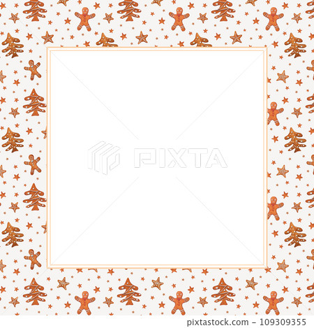 Christmas gingerbread cookies isolated on white. Watercolor frame of gingerbread man, stars with snowflakes, sugar coated spruce. Ornate for scrapbooking, wrapping, prints, textile. Space for text 109309355