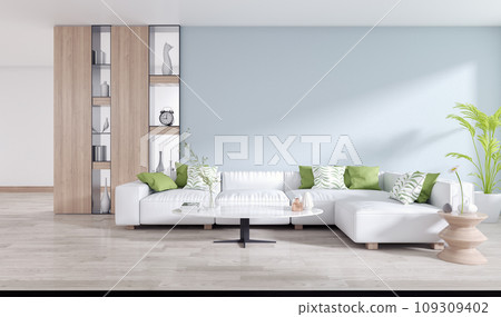 White sofa with Metal  shelf on blue wall and wooden floor in  living room interior,Modern and minimalist concept design,3d render 109309402