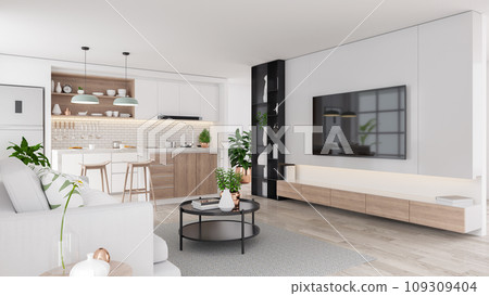 Modern mid century living and kichen room interior concept design,cozy home ,3drender Modern mid century living and kichen room interior concept design,cozy home ,3drender 109309404
