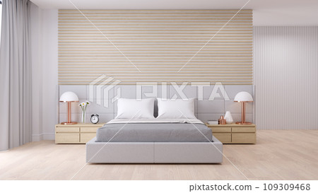 Bedroom interior dssign with Modern minimalist style.,Cozy white room and Simple Comforts, white bed on  natural wood, 3d rendering 109309468