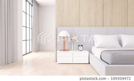 Bedroom interior dssign with Modern minimalist style.,Cozy white room and Simple Comforts, white bed on  natural wood, 3d rendering 109309472