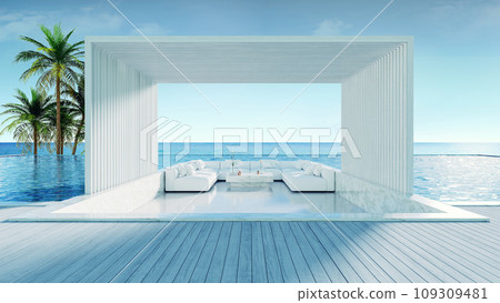 Relaxing summer beach , Sunbathing deck and private swimming pool with Palm trees near beach and panoramic sea view at luxury house /3d rendering Relaxing summer beach , Sunbathing deck and private swimming pool with Palm trees near beach and panoramic sea view at luxury house /3d rendering 109309481