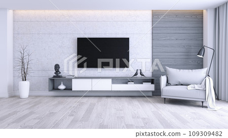Modern and minimalist interior of living room,gray armchair with White TV cabinate on wood floor and concrete wall,3d render Modern and minimalist interior of living room,gray armchair with White TV cabinate on wood floor and concrete wall,3d render 109309482