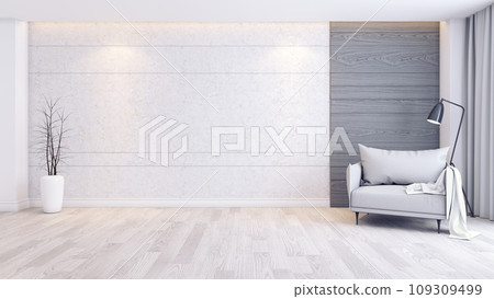 Modern and minimalist interior of living room interior,gray armchair  on wood floor and concrete wall,3d render Modern and minimalist interior of living room interior,gray armchair  on wood floor and concrete wall,3d render 109309499