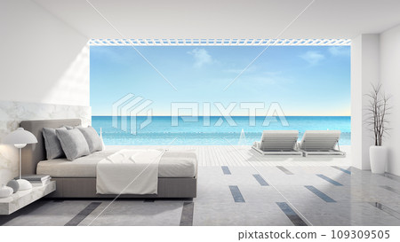 Modern bedroom  interior with  Sunbathing deck and private swimming pool with near beach and panoramic sea view at luxury house /3d rendering 109309505