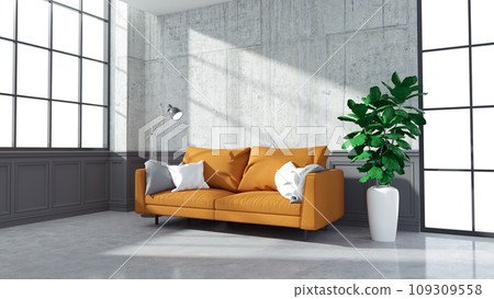 Loft and vintage of living room  interior design ,Charming orange sofa with black windows and on concrete wall and  polished tile cement floor,3d render 109309558