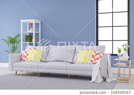Minimalist Pastel color and modern room interior design,light gray sofa with blue wall and l White Shelves,summer concept,3d render Minimalist Pastel color and modern room interior design,light gray sofa with blue wall and l White Shelves,summer concept,3d render 109309567
