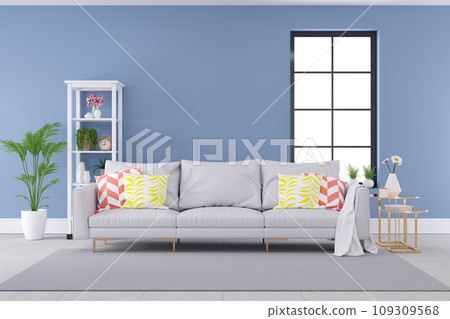 Minimalist Pastel color and modern room interior design,light gray sofa with blue wall and l White Shelves,summer concept,3d render Minimalist Pastel color and modern room interior design,light gray sofa with blue wall and l White Shelves,summer concept,3d render 109309568