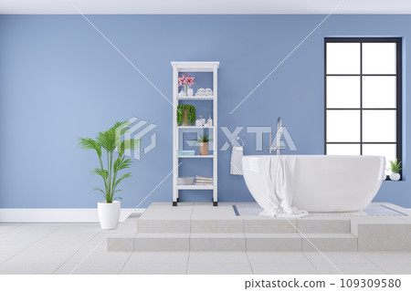 Modern and Luxury bathroom interior design, white bathtub on blue wall,3d rendering 109309580