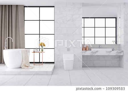 White Spacious Luxury Bathroom Interior Design,3d rendering 109309583