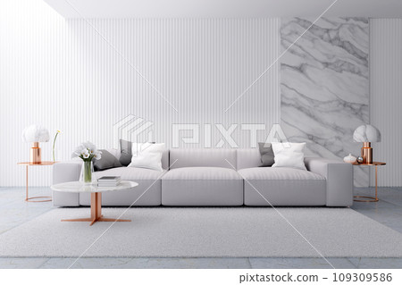 Modern luxury white  living room interior design, white sofa with marble wall ang rose gold table,3d rendering 109309586