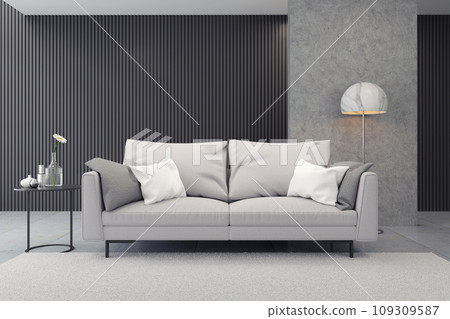 Modern luxury living room interior design, gray sofa on black wall and concrete floor,3d rendering 109309587