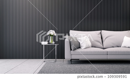 Modern luxury living room interior design, gray sofa on  black battens wall  and concrete floor,3d rendering 109309591