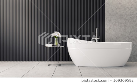 Modern and Loft bathroom interior design,white bathtub is near flower on the table on black battens wall and concrete floor,3d rendering Modern and Loft bathroom interior design,white bathtub is near flower on the table on black battens wall and concrete floor,3d rendering 109309592