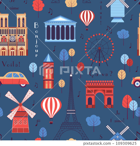 Paris Famous Landmarks Vintage Pattern Paris Famous Landmarks Vintage Pattern 109309625