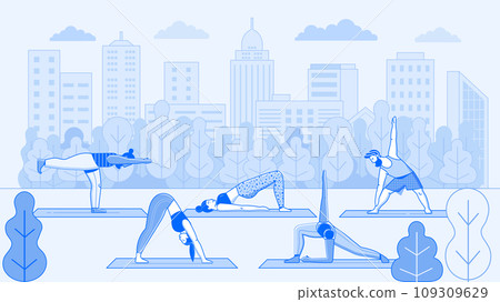 People Practicing Yoga in Open Air City Park People Practicing Yoga in Open Air City Park 109309629