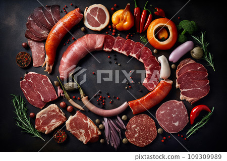 Meat background, appetizing tasty pieces and slices of different meat, beef, pork, entrecote, steak on black, flatley, culinary background for packaging design and advertising 109309989