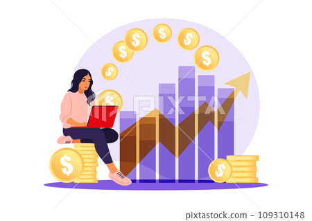 Investor woman with laptop monitoring growth of dividends. Trader investing capital, analyzing profit graphs. Vector flat illustration. Investor woman with laptop monitoring growth of dividends. Trader investing capital, analyzing profit graphs. Vector flat illustration. 109310148