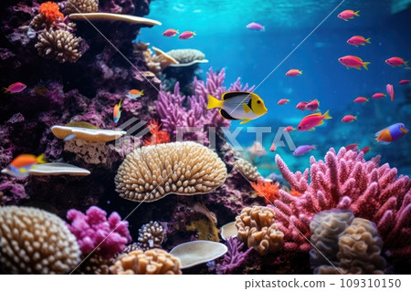 Beautiful sea anemone, underwater life, coral, colorful fish on reef against backdrop of tropical blue ocean. Warm water habitat is home to diverse range. Beautiful sea anemone, underwater life, coral, colorful fish on reef against backdrop of tropical blue ocean. Warm water habitat is home to diverse range. 109310150