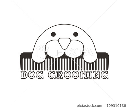 Dog grooming logo design template. Outline and linear vector clipart and drawing. Black and white isolated illustration on white background. 109310186