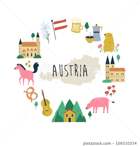 Colorful composition, design with famous symbols, landmarks of Austria Colorful composition, design with famous symbols, landmarks of Austria 109310354