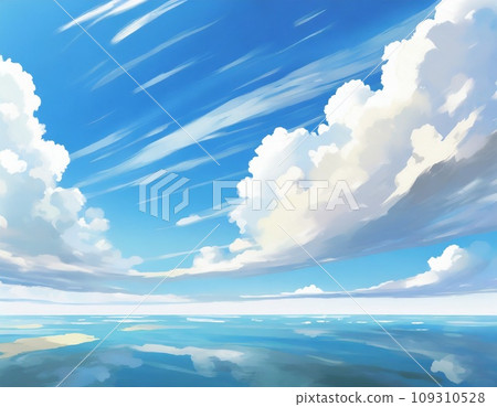 Beautiful sea, sky and clouds. Illustration style. AI generated image. 109310528