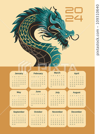 Calendar Dragon 2024. Vector poster calendar oriental Chinese New Year. Year of the Dragon paper cut. Bright colored zodiac dragon. Poster card Calendar Dragon 2024. Vector poster calendar oriental Chinese New Year. Year of the Dragon paper cut. Bright colored zodiac dragon. Poster card 109310640