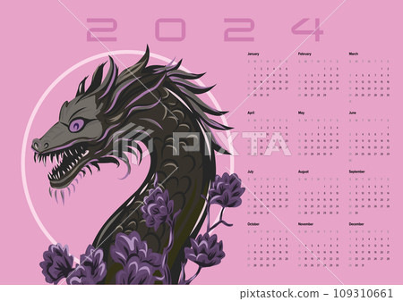 Calendar Dragon 2024. Vector poster calendar oriental Chinese New Year. Year of the Dragon paper cut. Bright colored zodiac dragon. Poster card 109310661