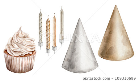 Watercolor set of Birthday party hats cap. Cupcake and Birthday Candles. Element of design holidays pastel colors. Watercolor hand drawing illustration on isolated white background for Valentines day 109310699