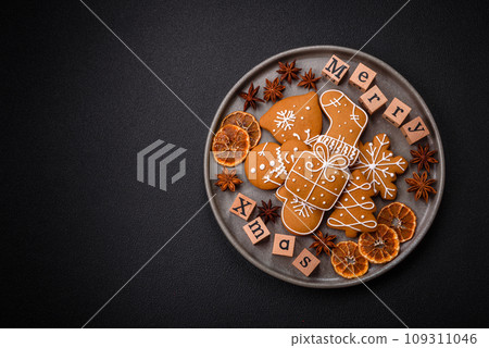 Beautiful Christmas composition with copy space with an inscription in wooden cubes 109311046