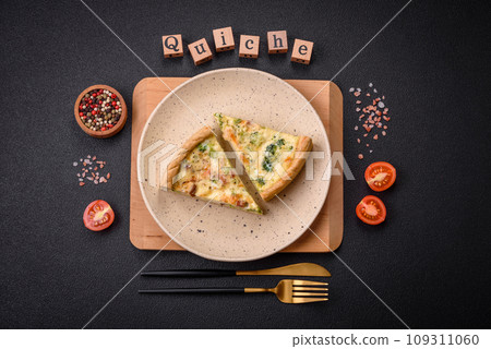 Delicious quiche with broccoli, cheese, chicken, spices and herbs Delicious quiche with broccoli, cheese, chicken, spices and herbs 109311060