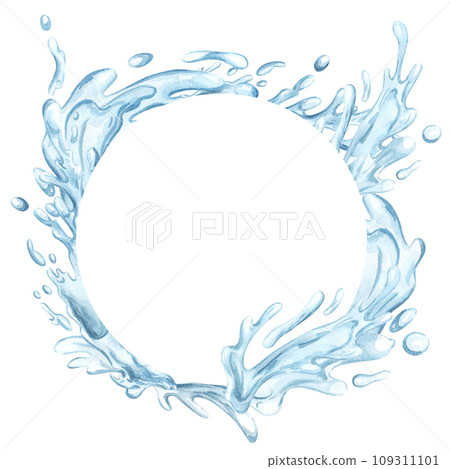 Blue water round frame from splashes with drops. Watercolor hand drawn illustration isolated on white background. For flyer, design, ocean day banner circle. 109311101