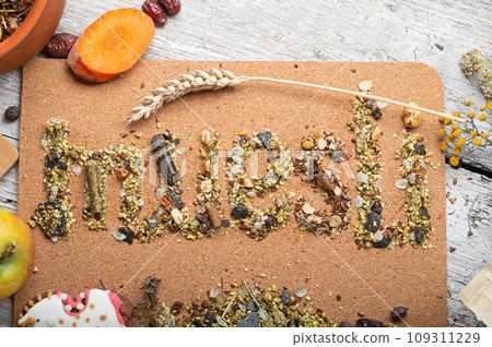 muesli word collecting from real horse muesli and granules for sportive horses. feeding and horse care concept. muesli word collecting from real horse muesli and granules for sportive horses. feeding and horse care concept. 109311229
