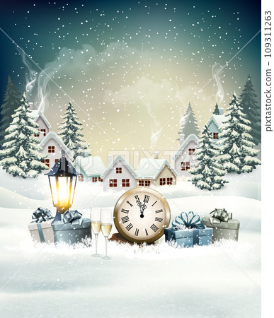 New Year and Christmas background with lantern and colorful gift boxes, vintage clock and glasses of champagne and snowy winter village. Vector 109311263