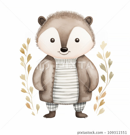A charming watercolor image of a friendly badger in a textured sweater and coat, surrounded by a subtle spray of fall leaves, painted in a harmonious palette of soft grays and brow 109311551