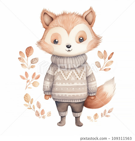 A delightful watercolor image of a young fox in a Nordic-inspired sweater, radiating a playful yet calm demeanor against a backdrop of delicate foliage in warm autumn colors. 109311563