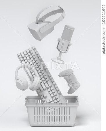 Gamer gears like mouse, keyboard, joystick, headset, VR, web camera in basket 109311643