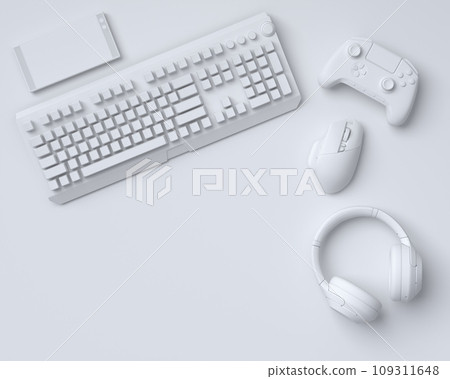 Top view gamer gears like joystick, keyboard, headphones and mouse 109311648