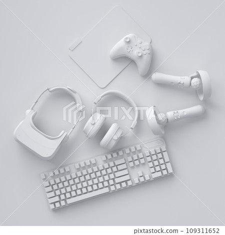 Top view gamer gears like joystick, keyboard, headphones and VR glasses 109311652