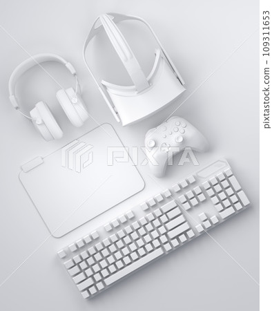 Top view gamer gears like joystick, keyboard, headphones and phone 109311653