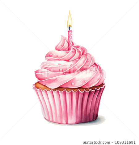 watercolor pink birthday cupcake with candle isolated 109311691