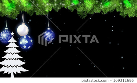 Christmas image: Banner material with blue ornaments and tree on a black background 109311696