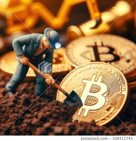 Renewable Cryptocurrency Mining. Miner figurines digging ground to uncover Bitcoin 109311745