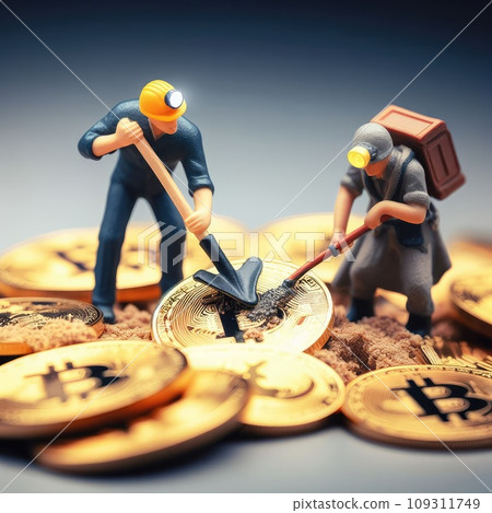 Renewable Cryptocurrency Mining. Miner figurines digging ground to uncover Bitcoin Renewable Cryptocurrency Mining. Miner figurines digging ground to uncover Bitcoin 109311749